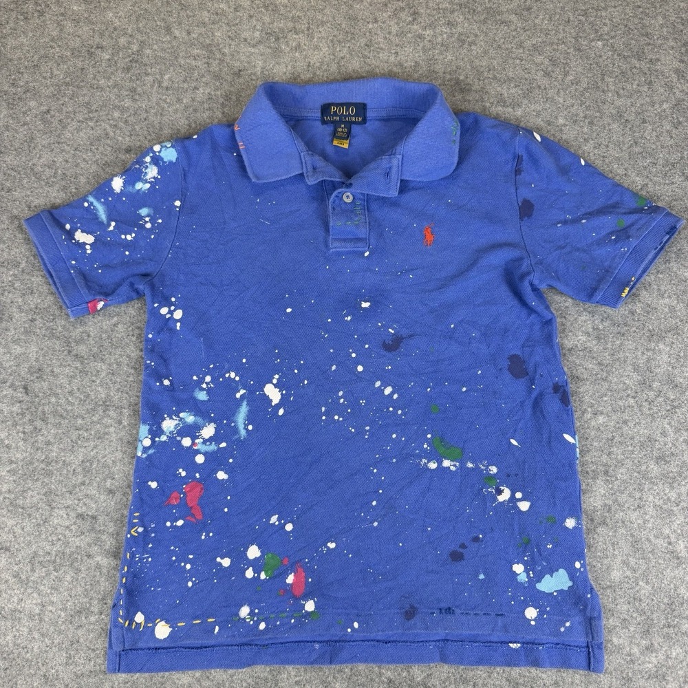 Polo Ralph Lauren Boys' Blue Splatter-Paint Mesh Knit Polo Shirt Size M (10-12)